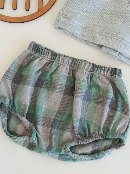 Cuecas de bebé de padrão xadrez verde, azul e cinza com elástico