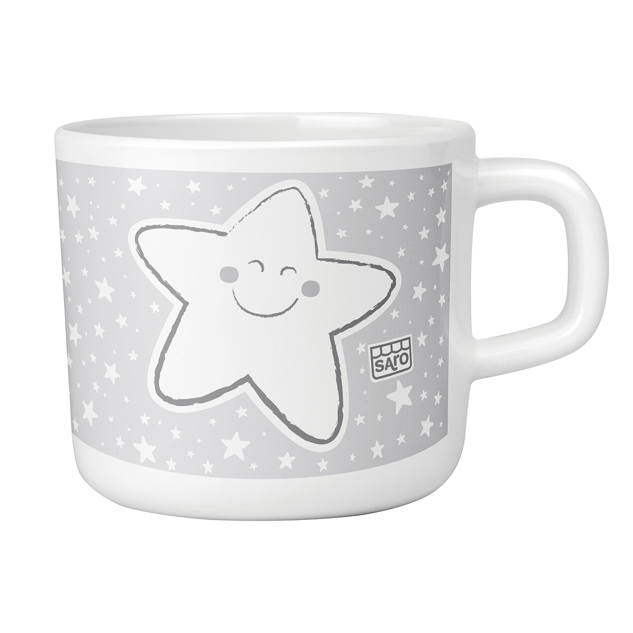 Caneca branca com estampa de estrela sorridente em fundo cinza com estrelas brancas