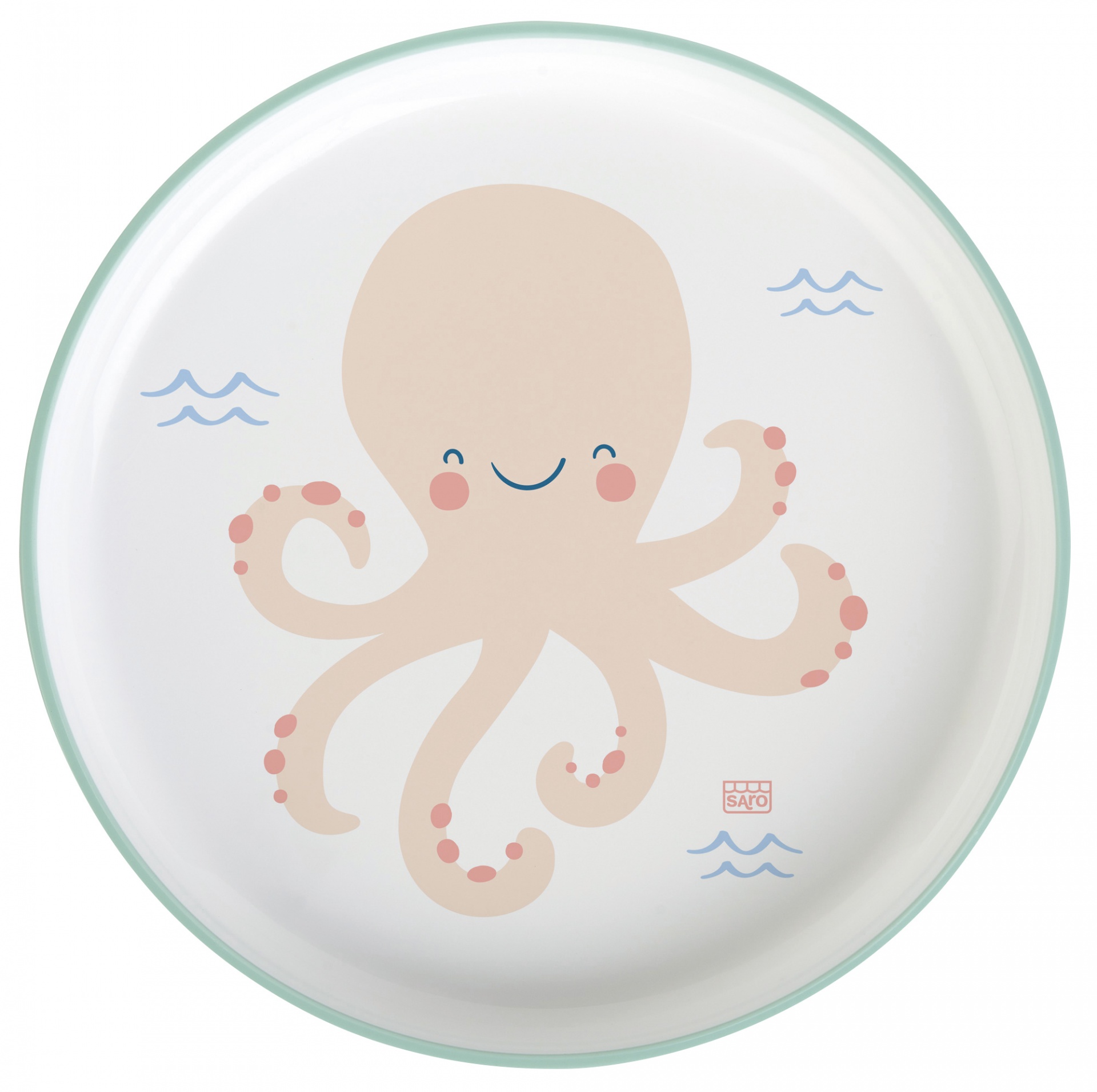 Prato redondo com desenho de polvo e ondas