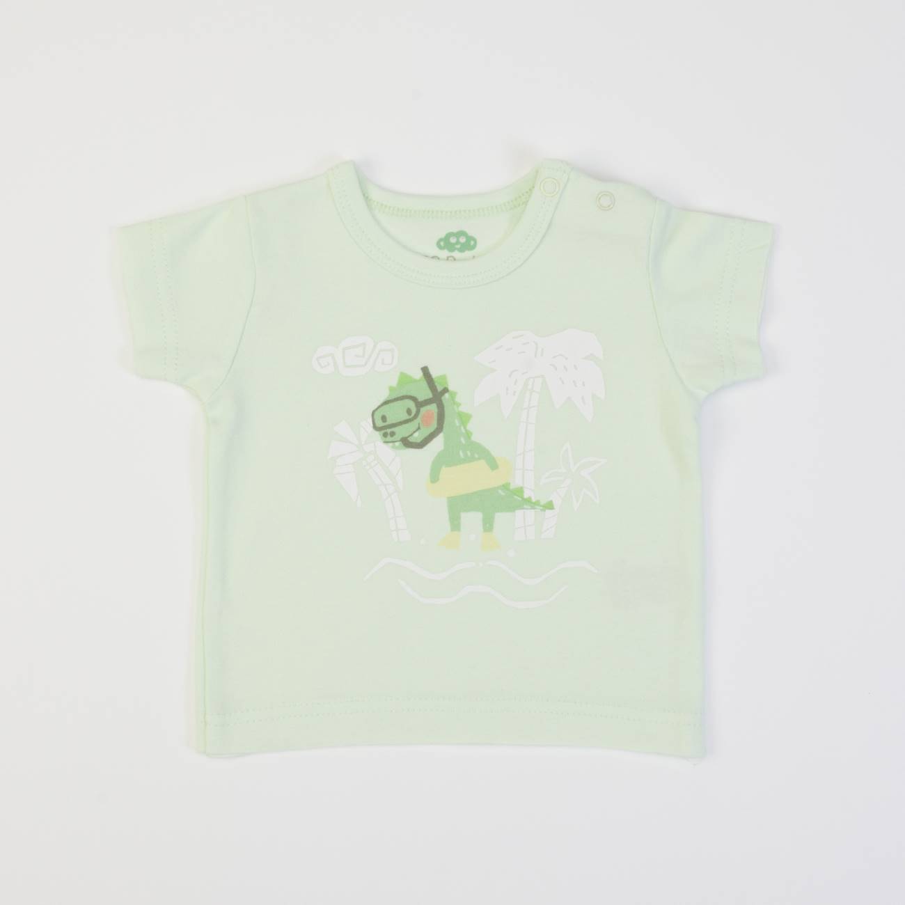 T-shirt bebé verde clara com dinossauro e palmeiras desenhadas