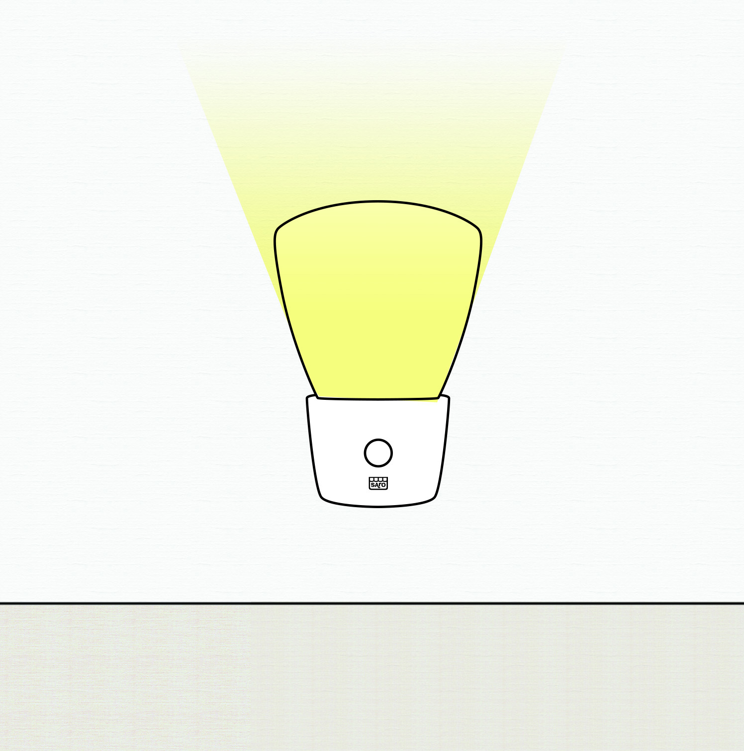 Lâmpada amarela acesa com base branca sobre fundo branco