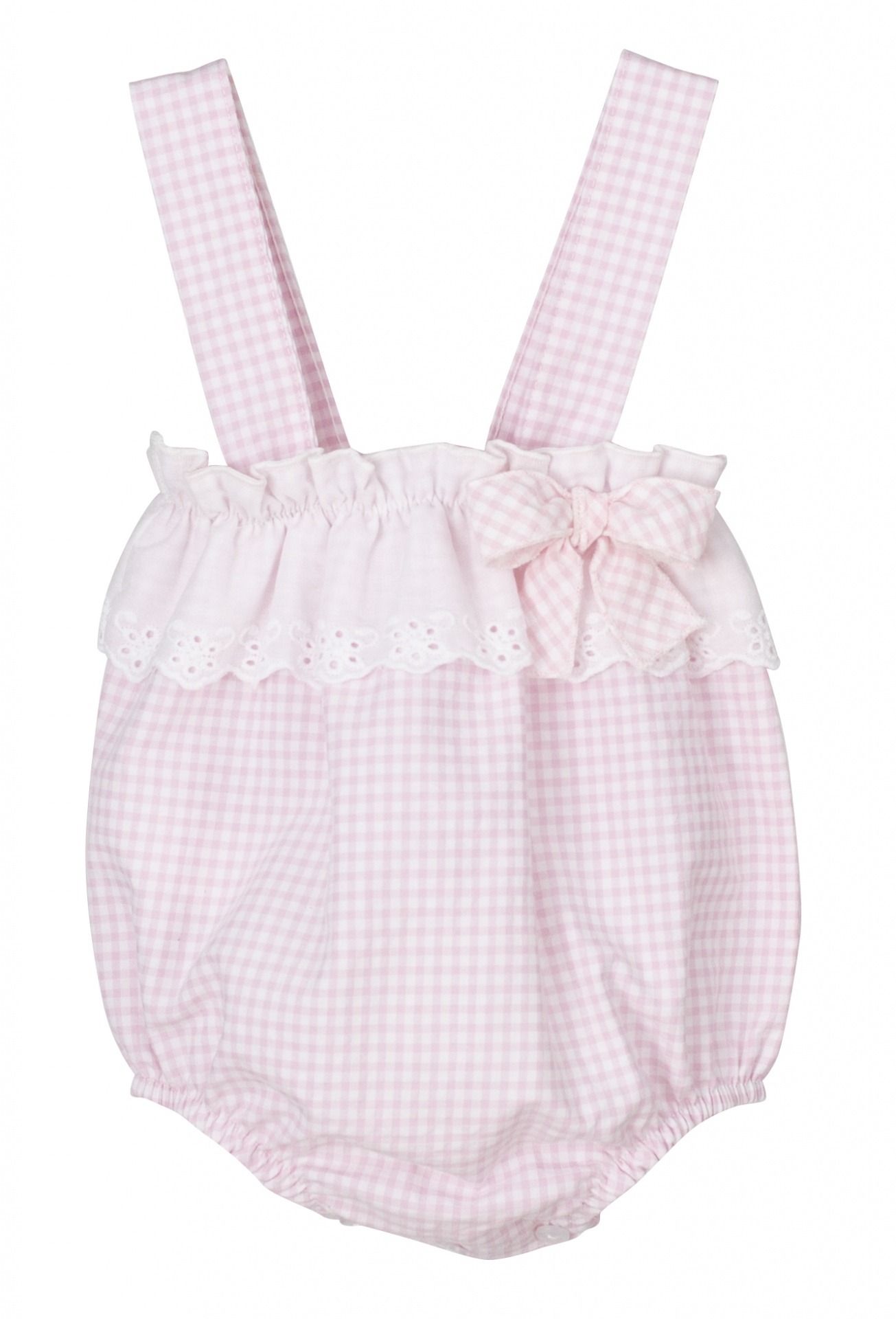 pelele de bebé rosa xadrez com alças largas e laço