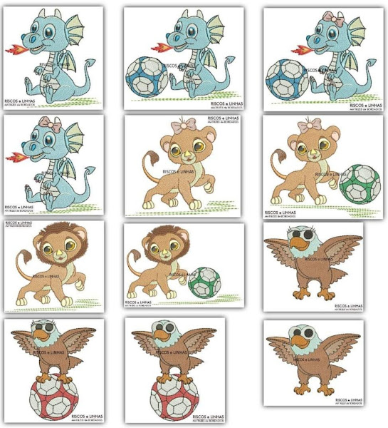 Desenhos de dragão azul, leão castanho e águia sobre bolas de futebol com texto RISCOS & LINHAS