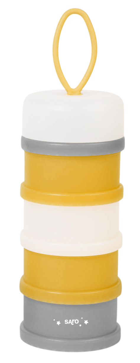Recipiente empilhável amarelo, branco e cinza para armazenamento com argola no topo