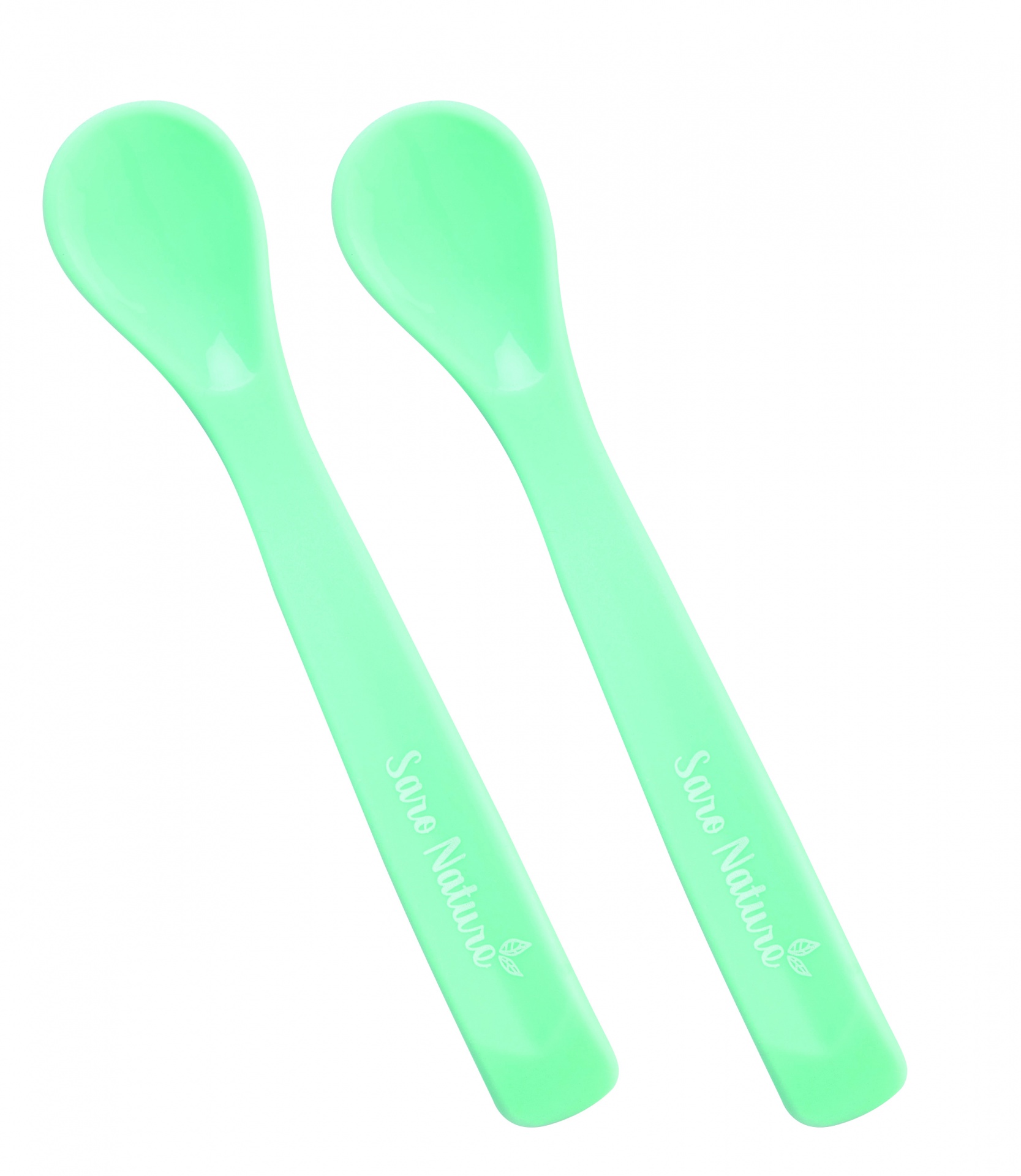 Dois talheres de plástico verde claro com a inscrição Save Nature