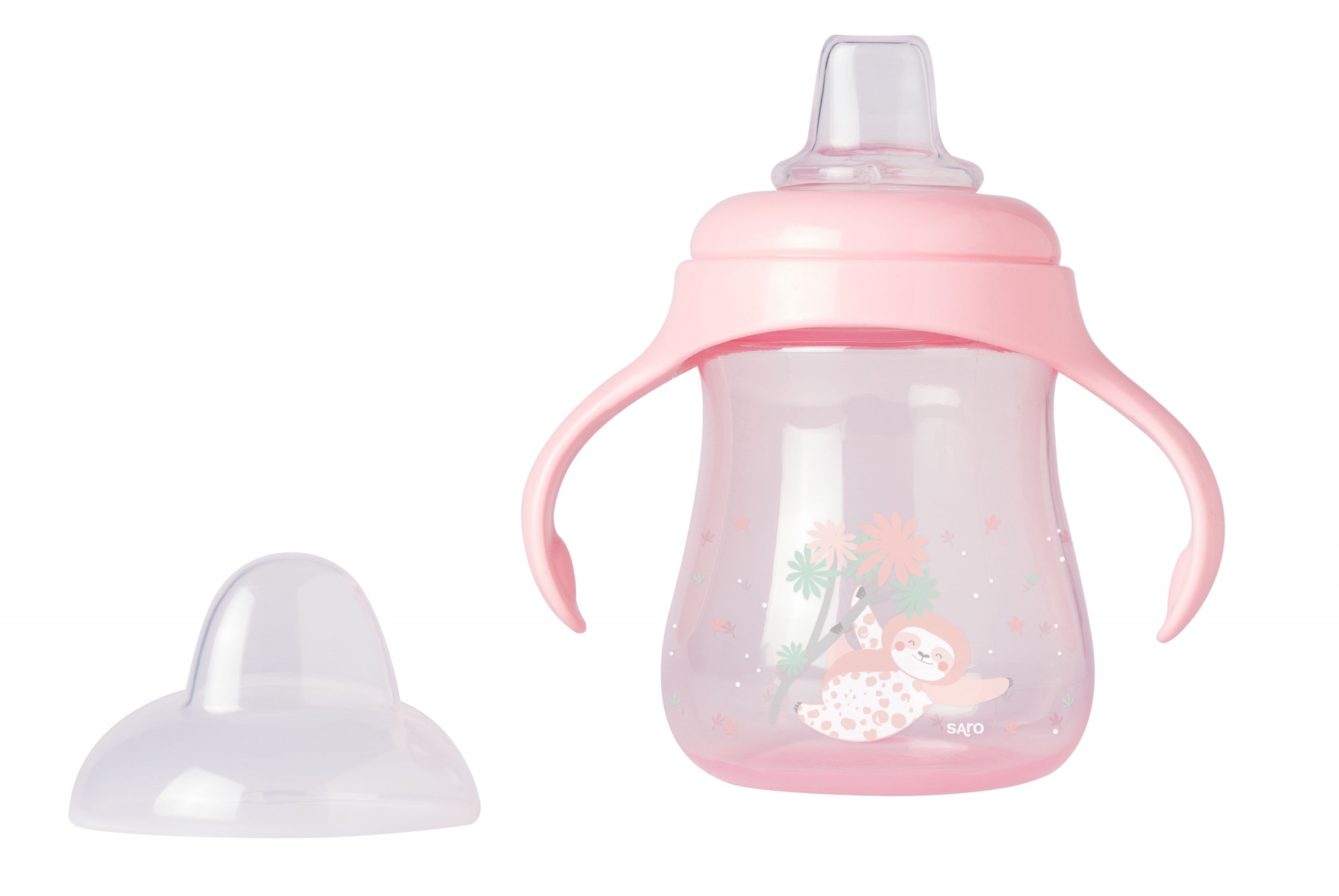 Garrafa de bebé rosa com bico e asas para pegar