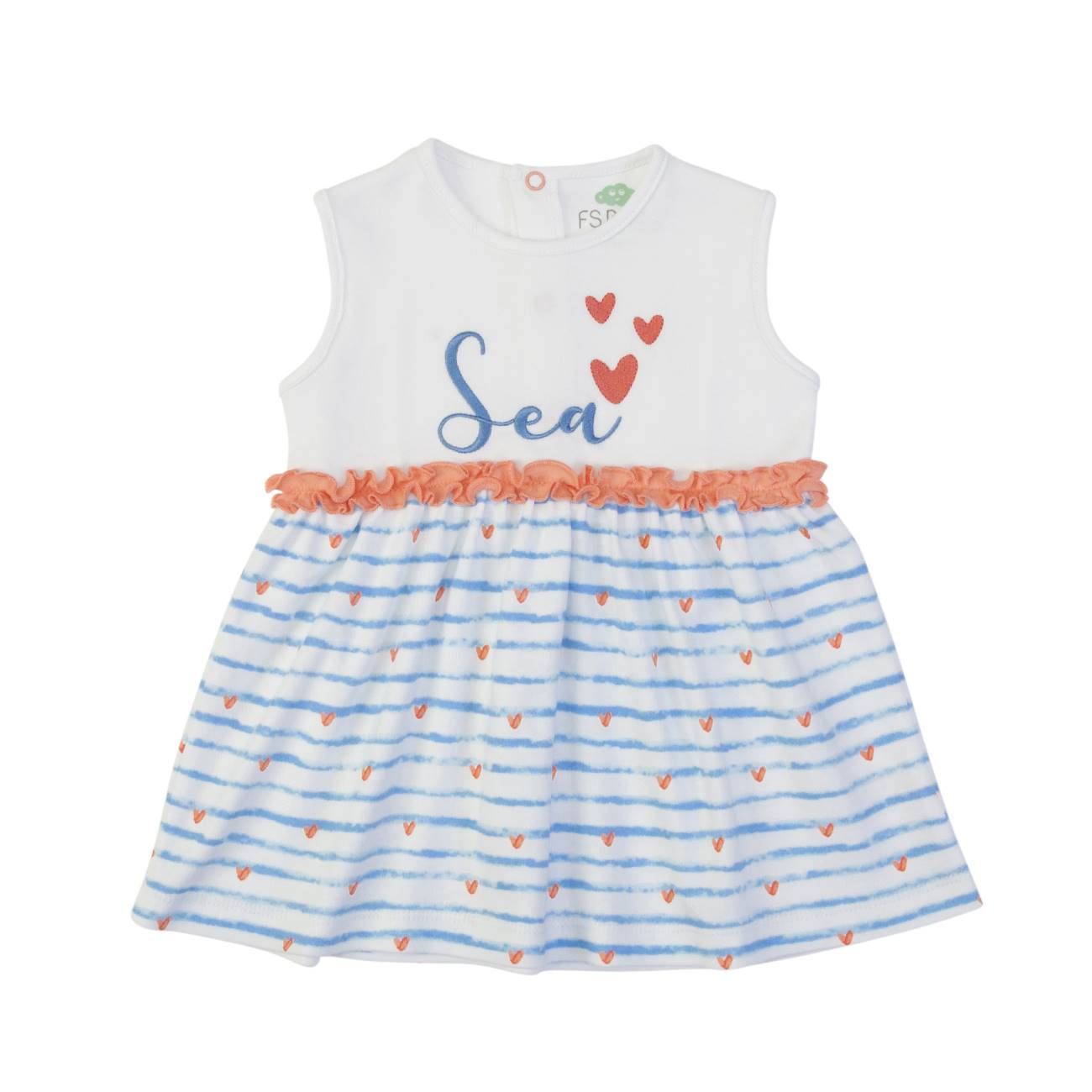 Vestido de bebé branco e azul com padrões de corações e riscas.