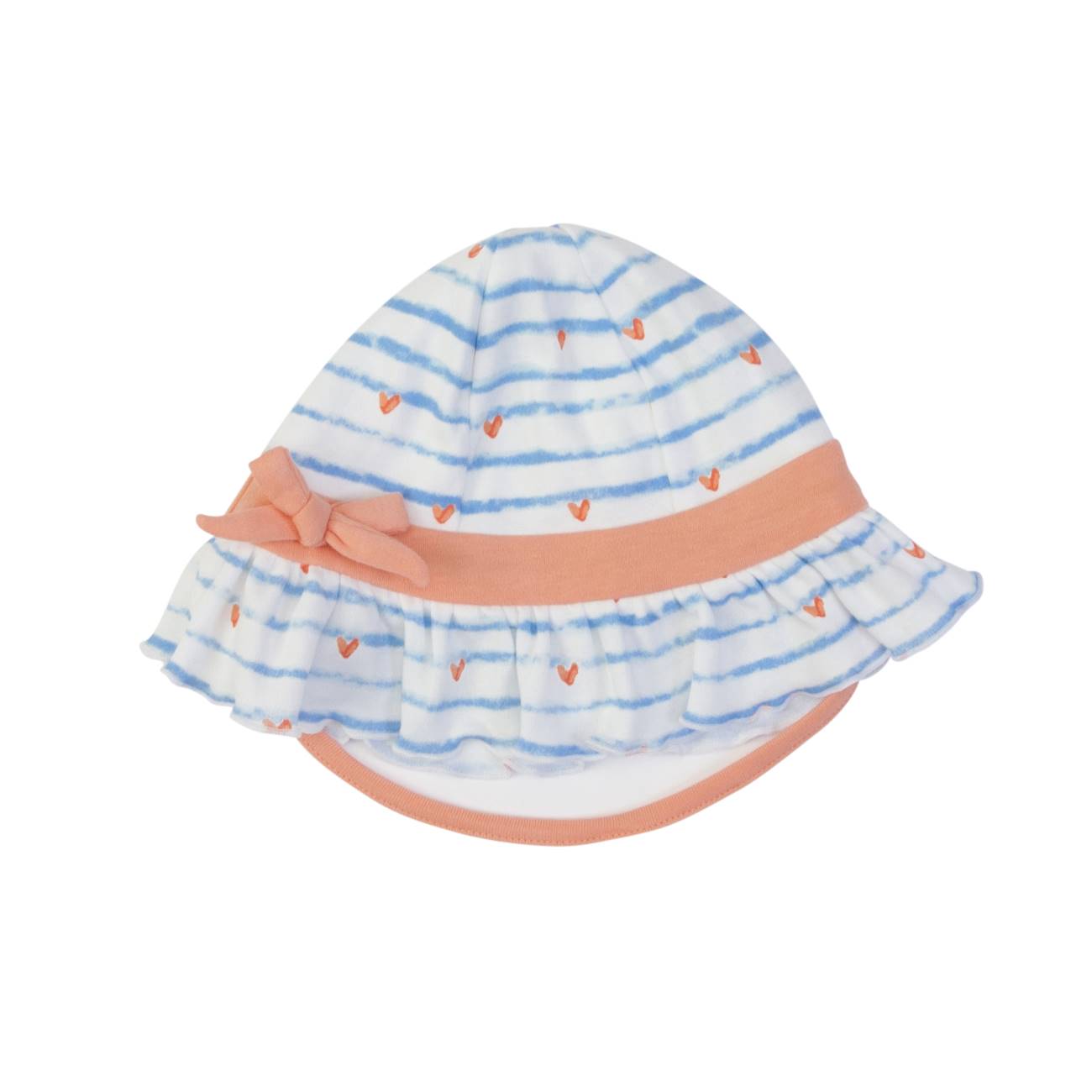 Chapéu de bebé branco com riscas azuis e corações cor-de-rosa, faixa e laço cor-de-rosa