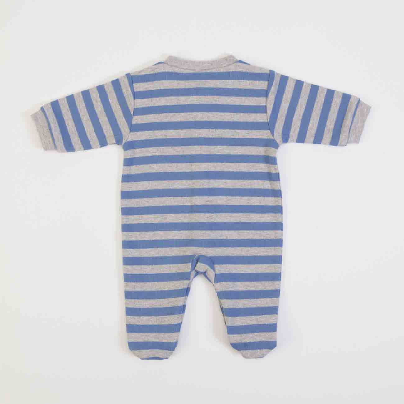 Pijama de bebé às riscas azuis e cinzentas