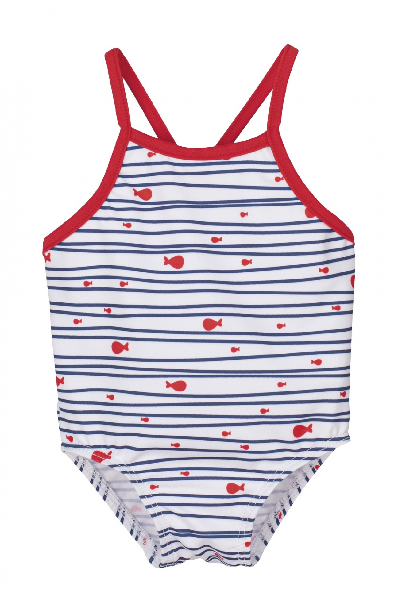 Fato de banho infantil branco com riscas azuis e peixinhos vermelhos