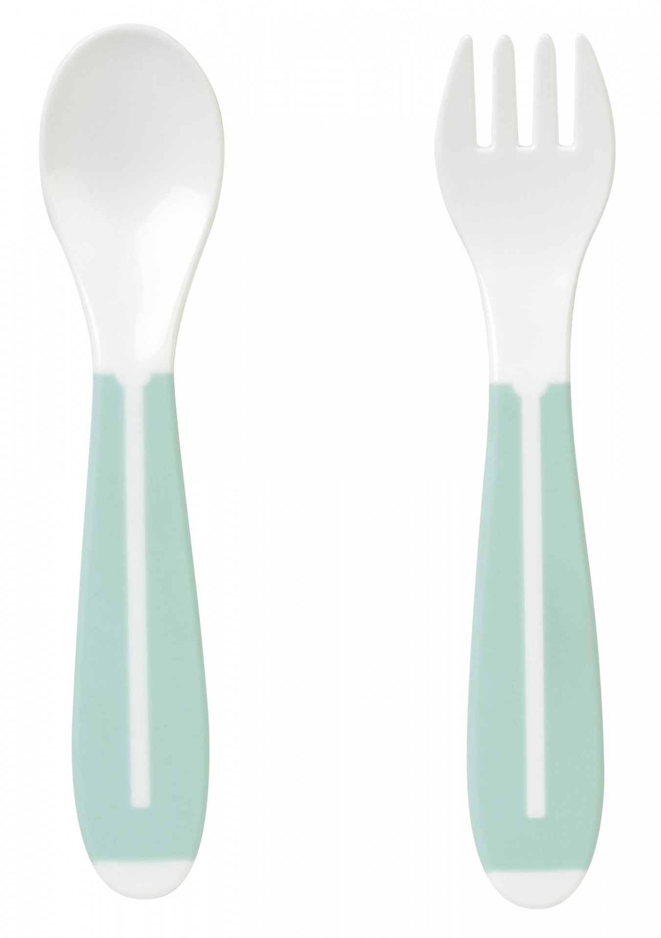 Conjunto de colher e garfo infantis em plástico com cabos verde-água e branco
