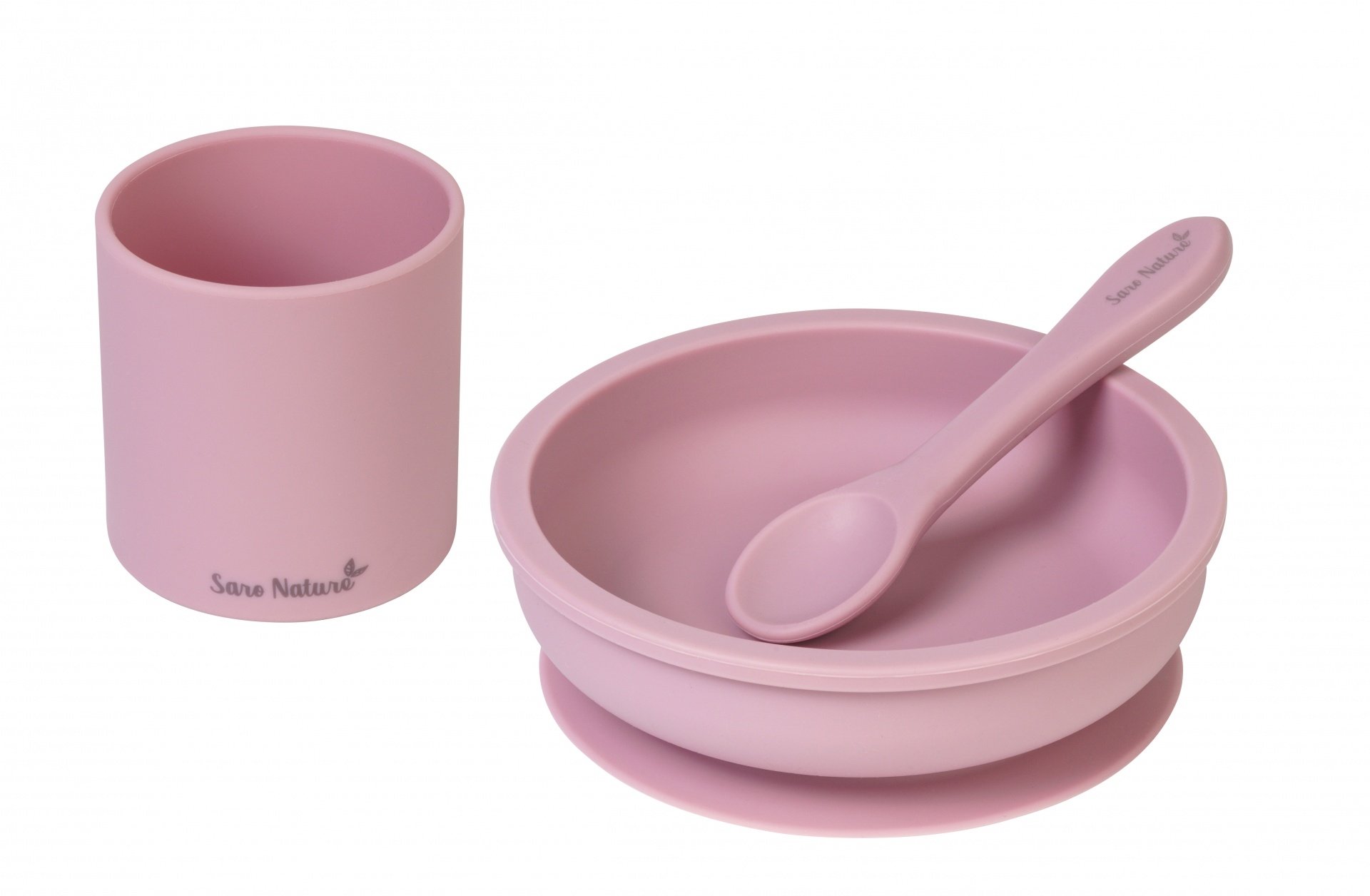 Conjunto de tigela, colher e copo rosa para crianças