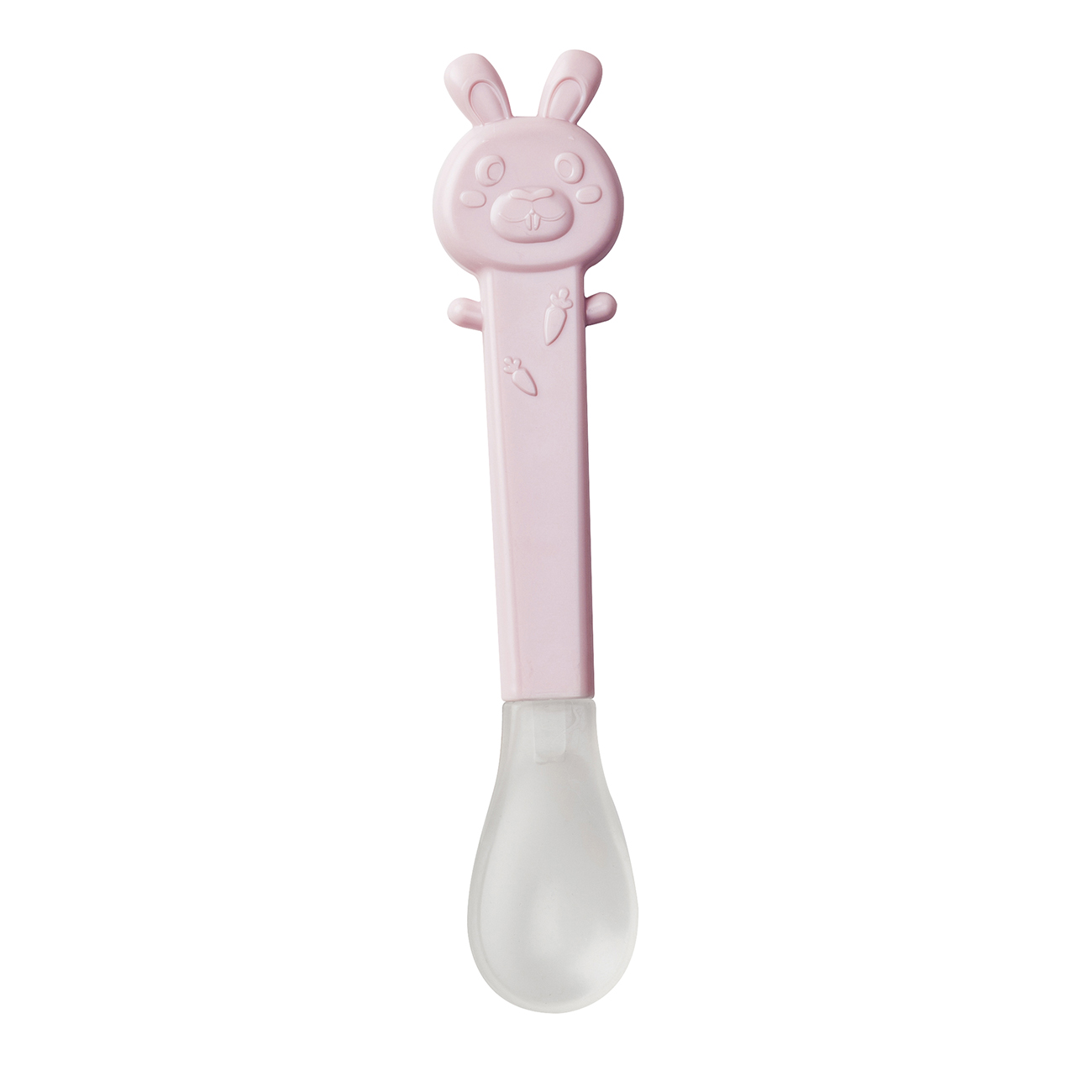 Colher de plástico para bebé com pega em forma de coelho cor de rosa e colher transparente