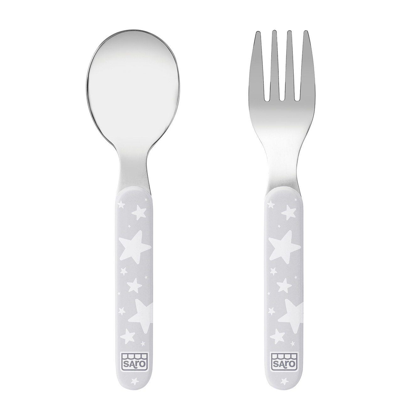 Talheres infantis com cabos cinzentos e estrelas brancas.