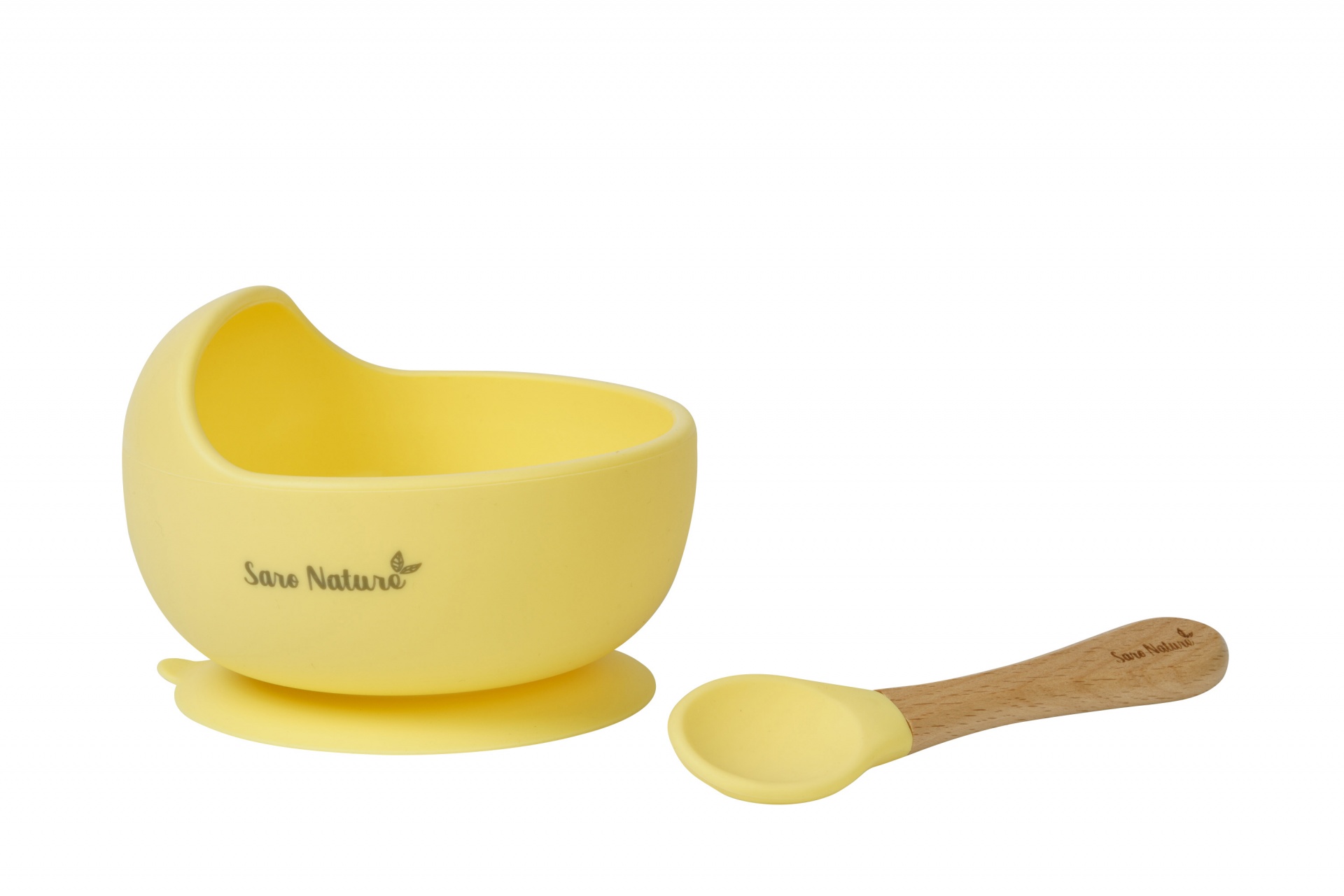Taça amarela com ventosa e colher com cabo em madeira Saro Nature