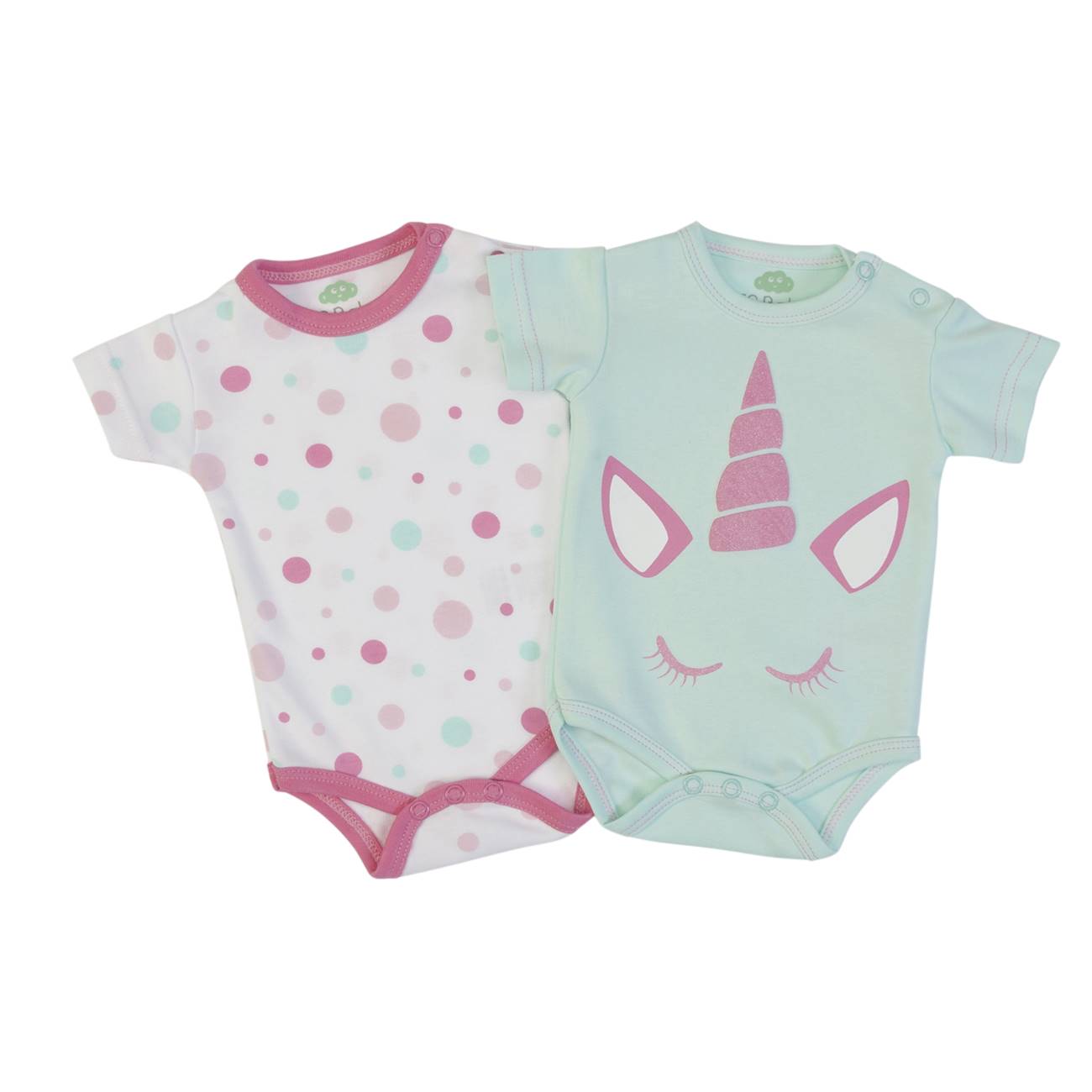 Dois bodies de bebé, um com bolinhas rosa e azul e outro com unicórnio cor de rosa