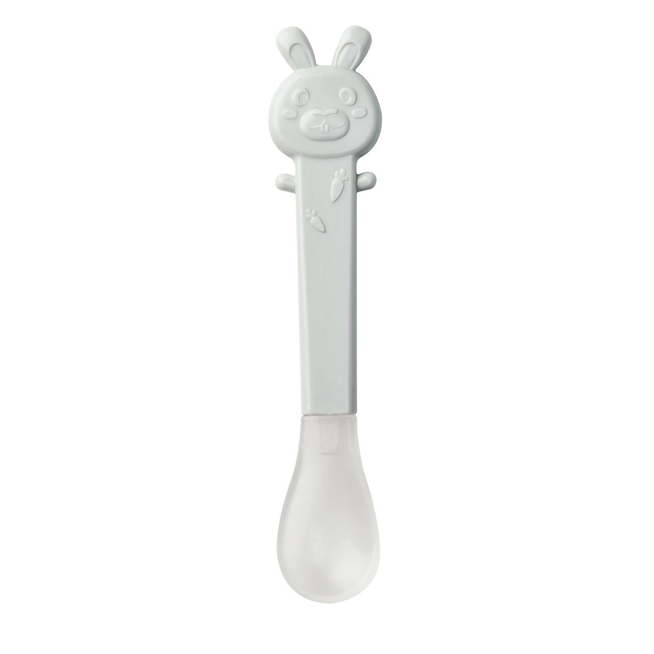 Colher infantil cinza claro com figura de coelho no cabo