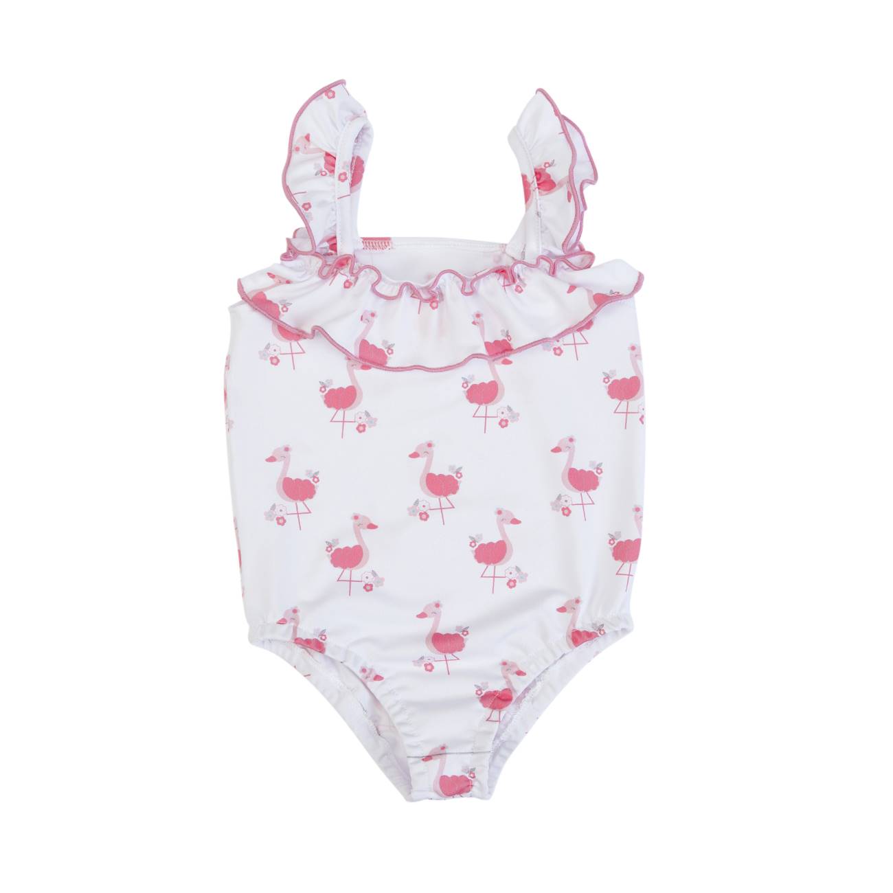 Fato de banho branco com flamingos cor-de-rosa e folhos cor-de-rosa para bebé
