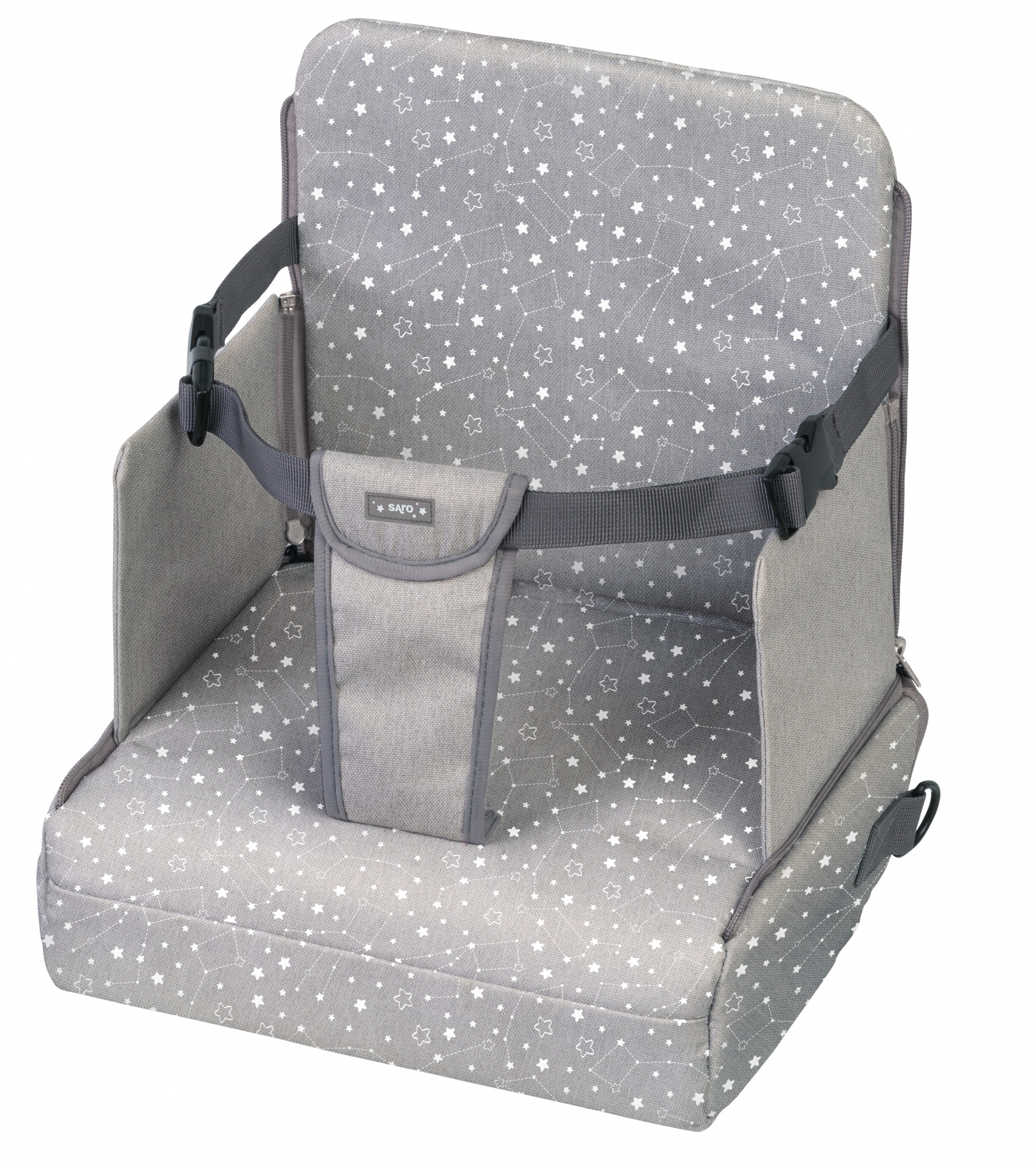 cadeira elevatória portátil para crianças cinzenta com estrelas brancas e cintos de segurança pretos