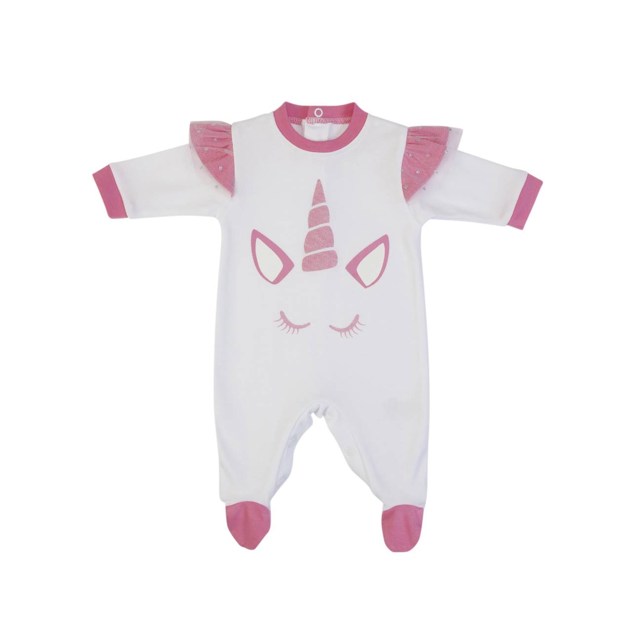 Macacão de bebé branco e cor-de-rosa com desenho de unicórnio