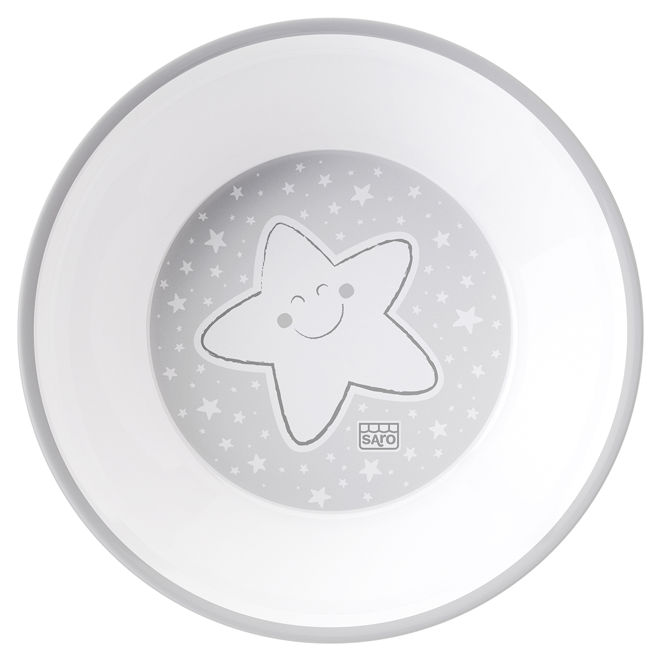 Prato fundo branco com borda cinza e estrela sorridente no centro