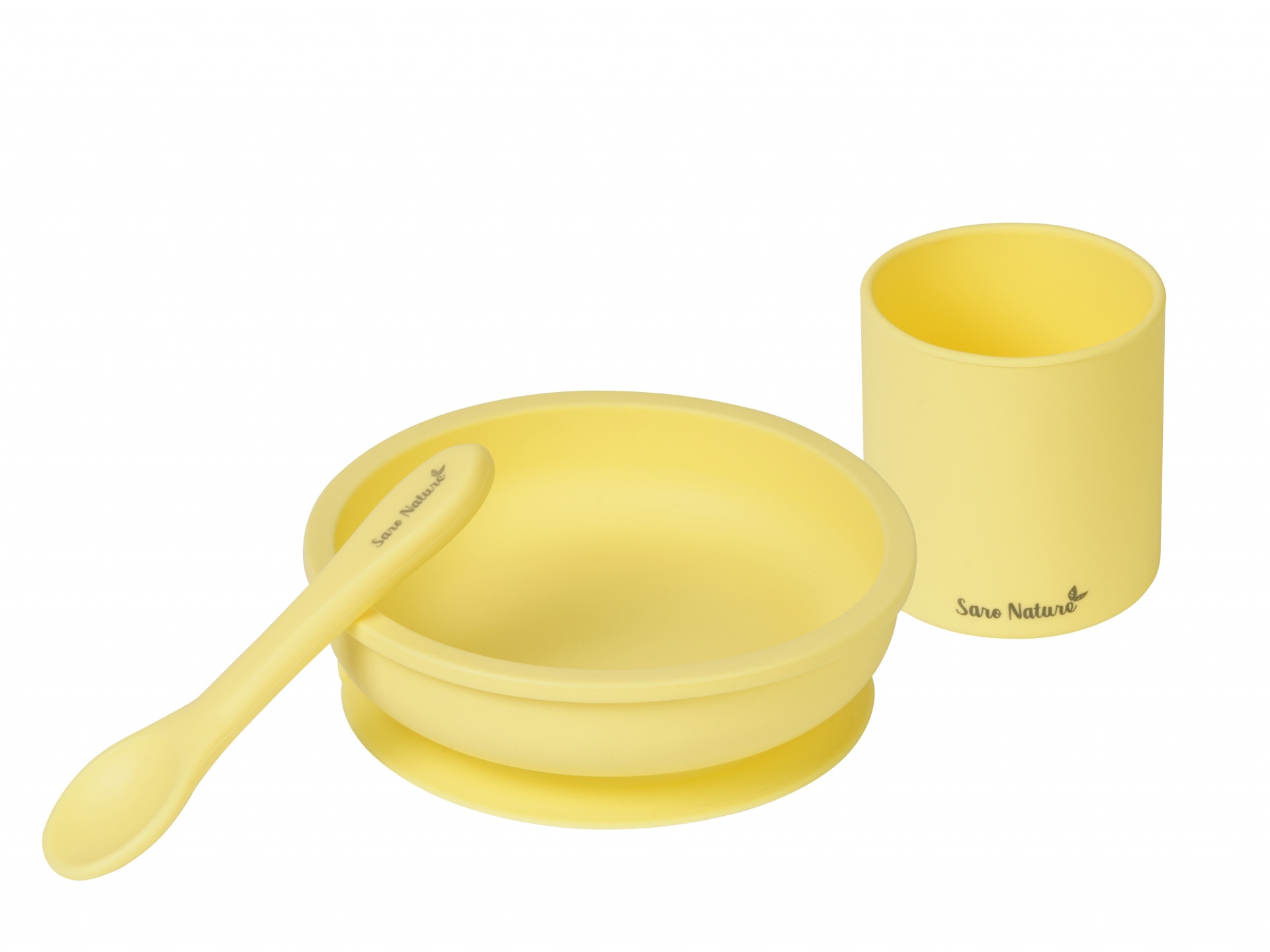 Conjunto de alimentação amarelo com prato, colher e copo