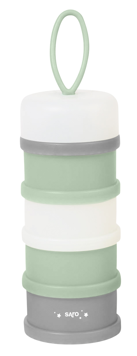 Recipiente empilhável de várias camadas com pega superior em verde menta, branco e cinza, com texto branco Saro e estrelas na base cinza.