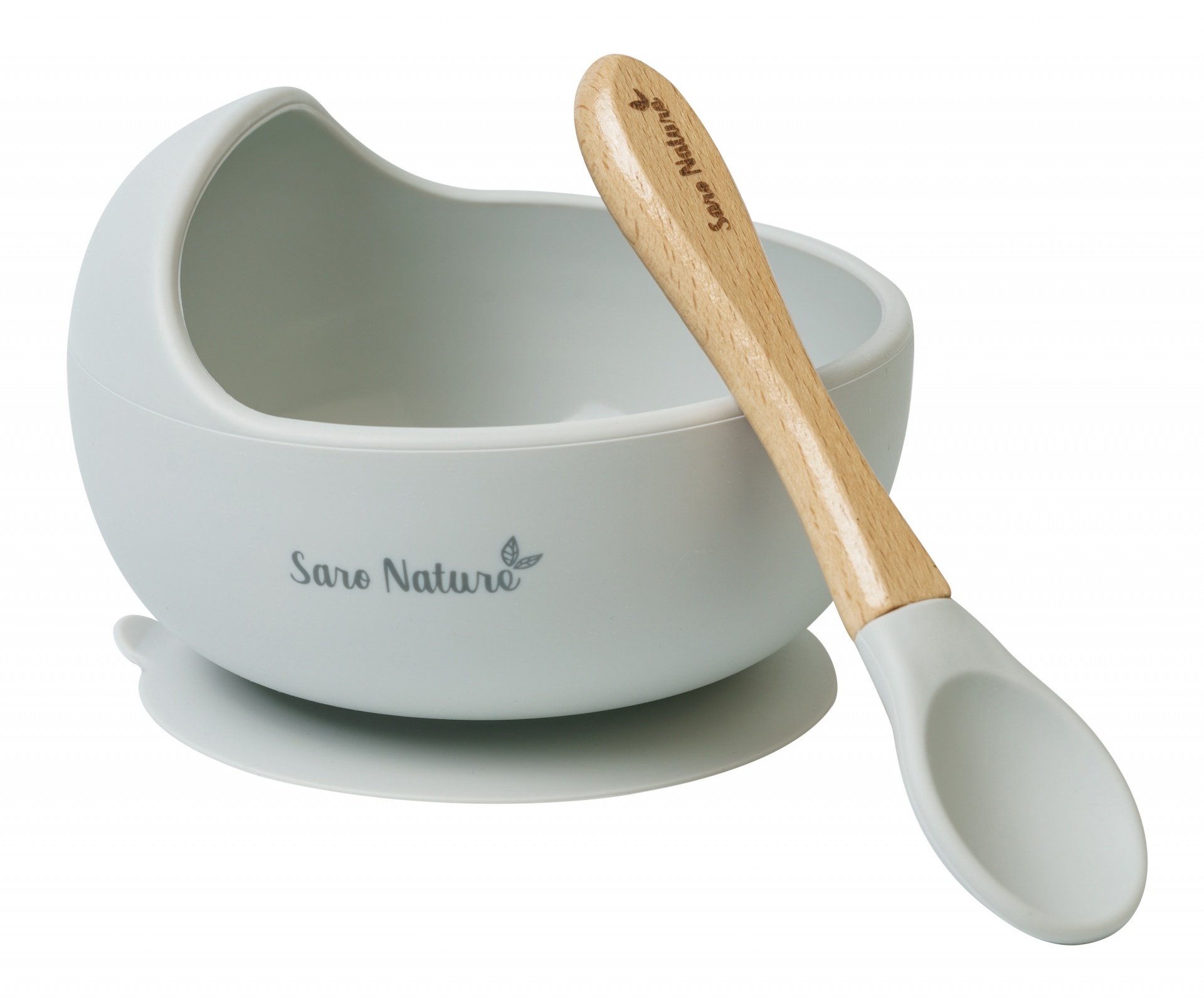 Tigela cinza claro com ventosa e colher com cabo de madeira e silicone com marca Sore Nature