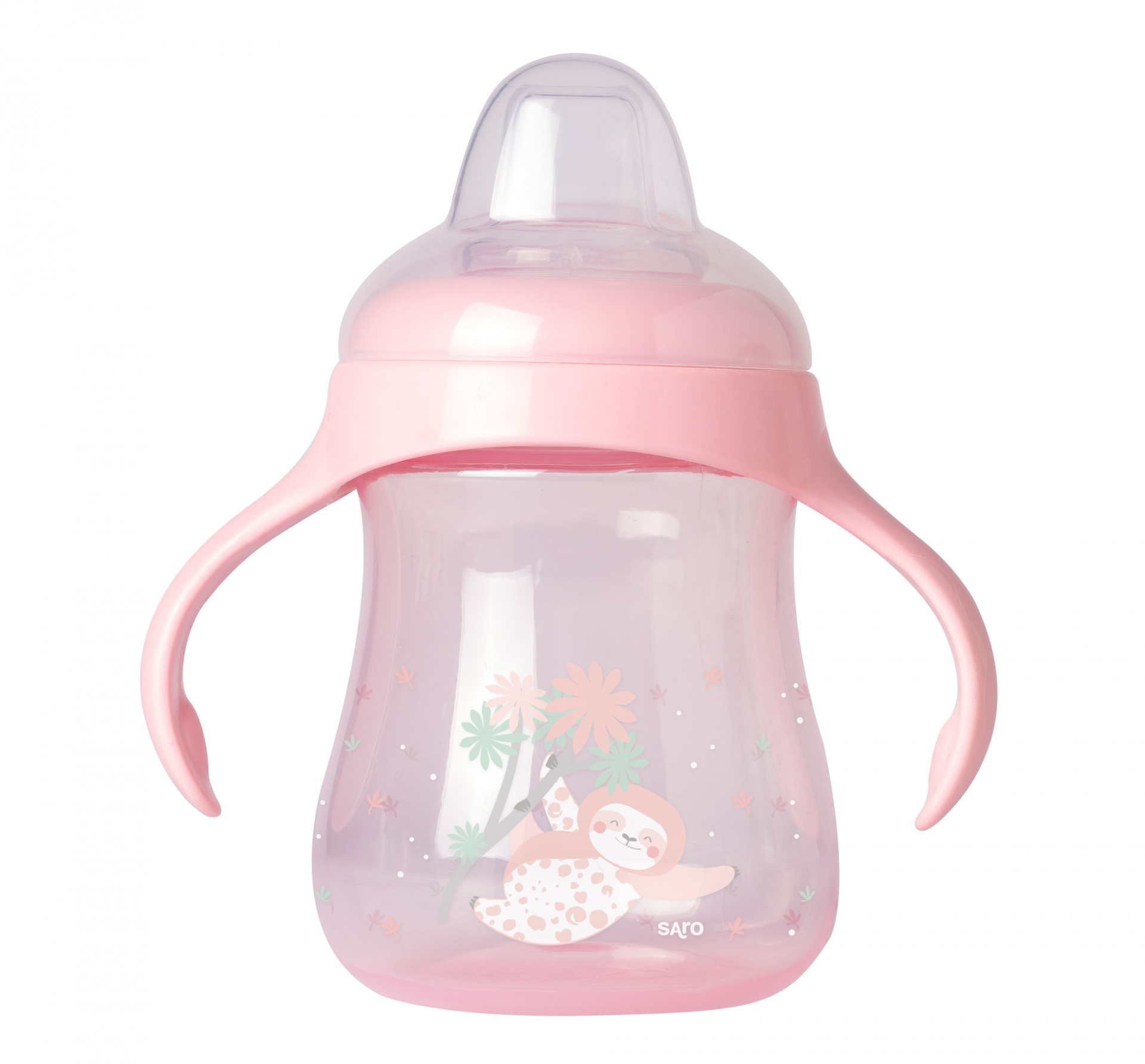 Copo de bebé cor-de-rosa com pegas e desenho de bicho-preguiça