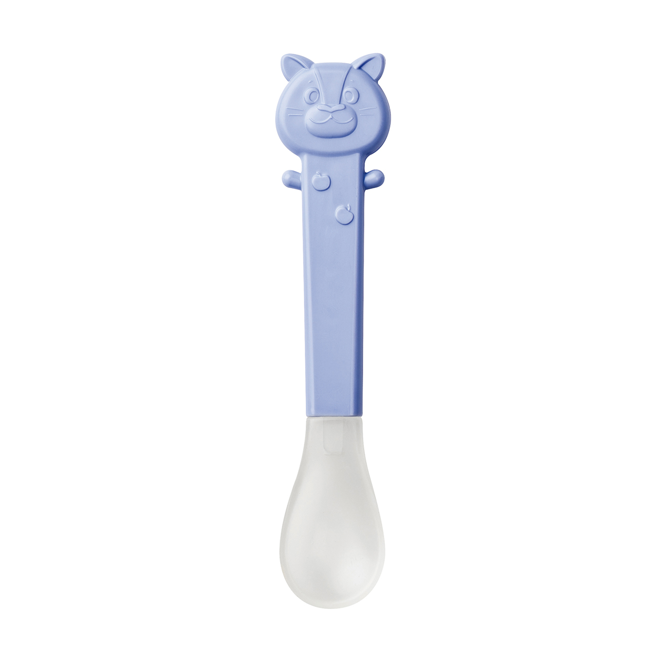 Colher de bebê azul com forma de gato e colher branca