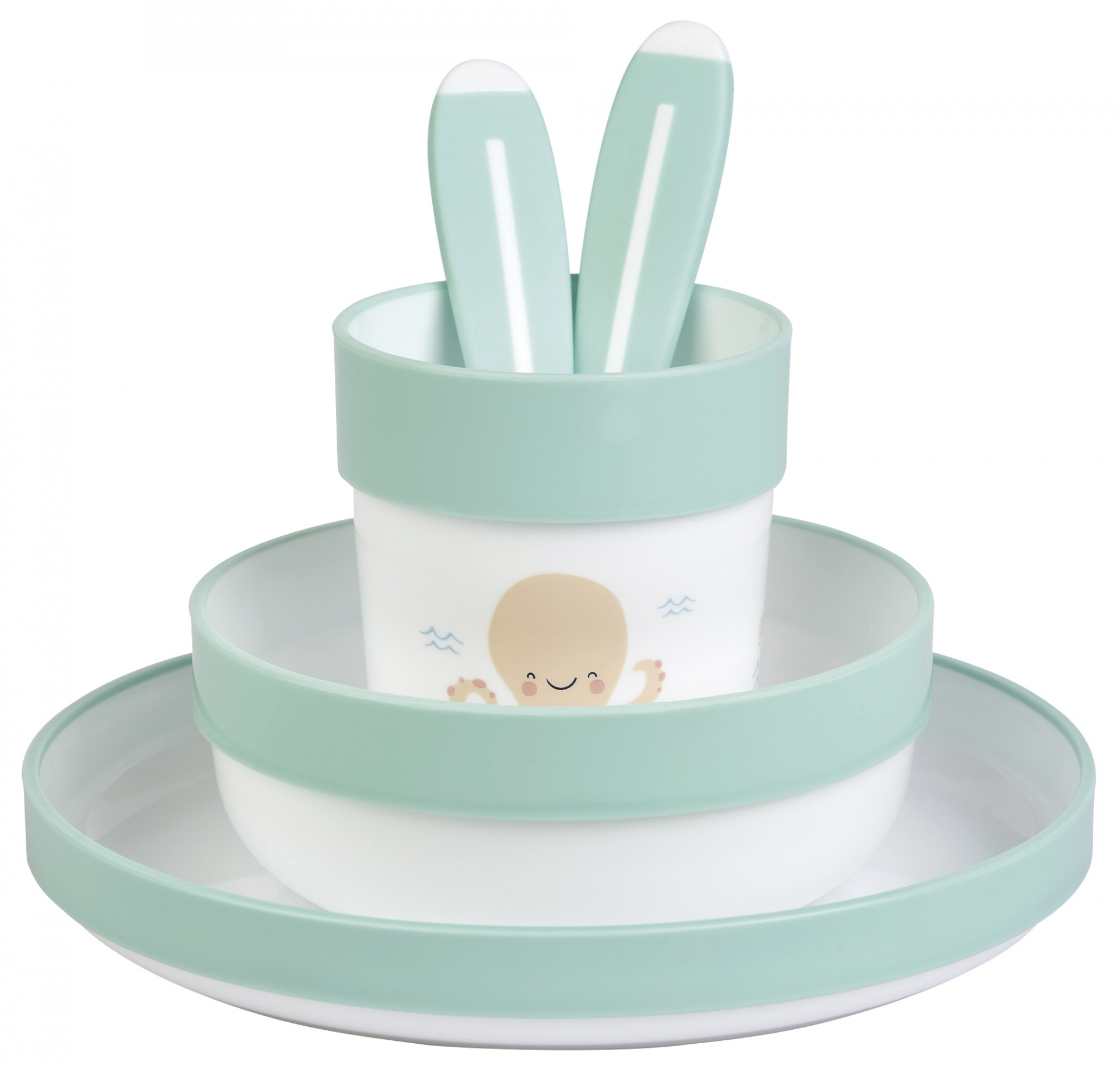 Conjunto de loiça infantil verde água com desenhos e talheres de orelhas de coelho