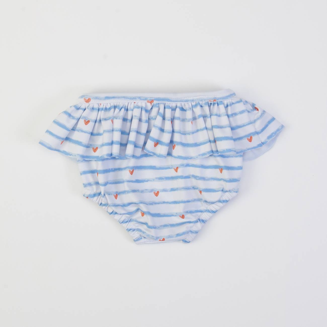 Cueca fralda para bebé com riscas azuis e corações vermelhos com folho