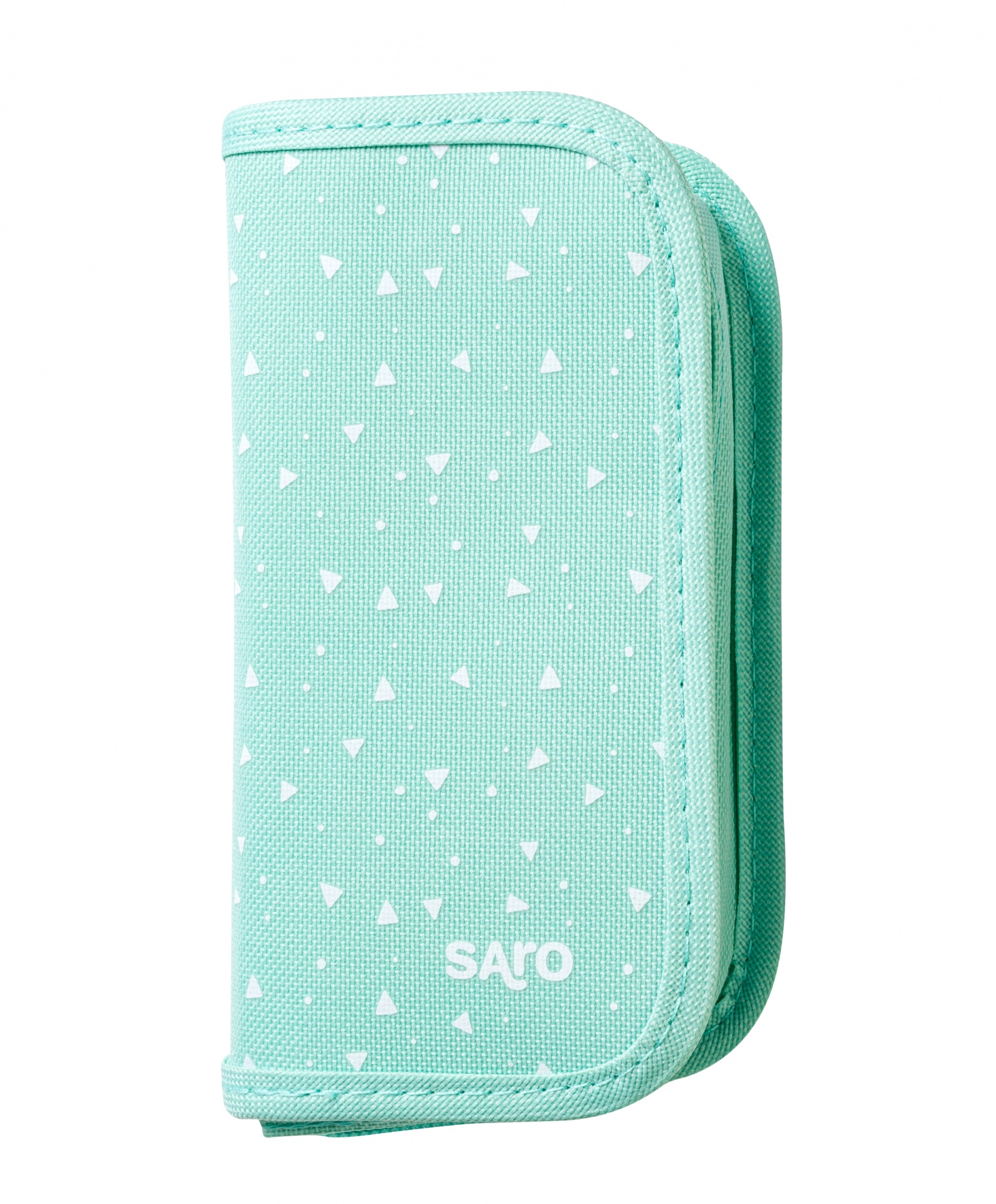 Estojo azul-esverdeado com triângulos brancos e fecho