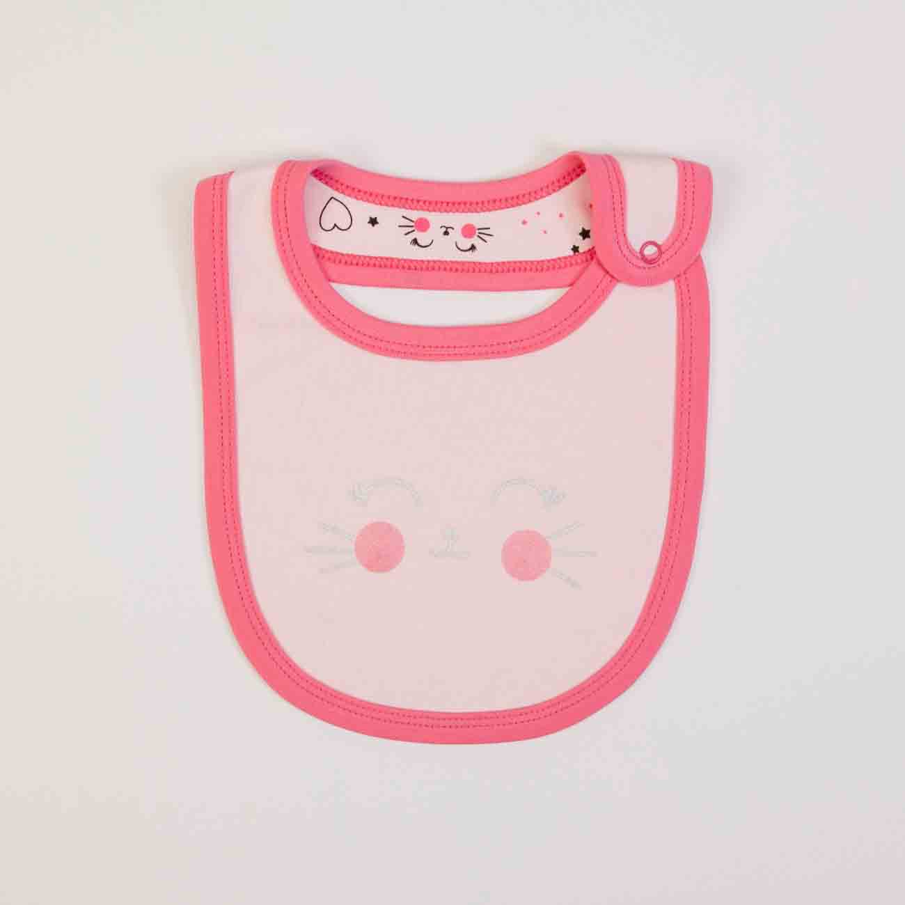 Babete de bebé cor-de-rosa e branco com desenho de carinha sorridente e fecho de botão