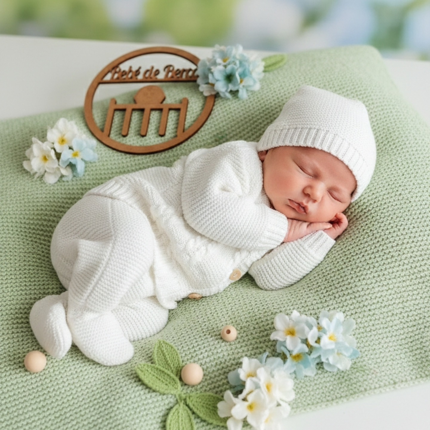 Bebé a dormir vestido com conjunto de malha branco sobre manta verde com flores.
