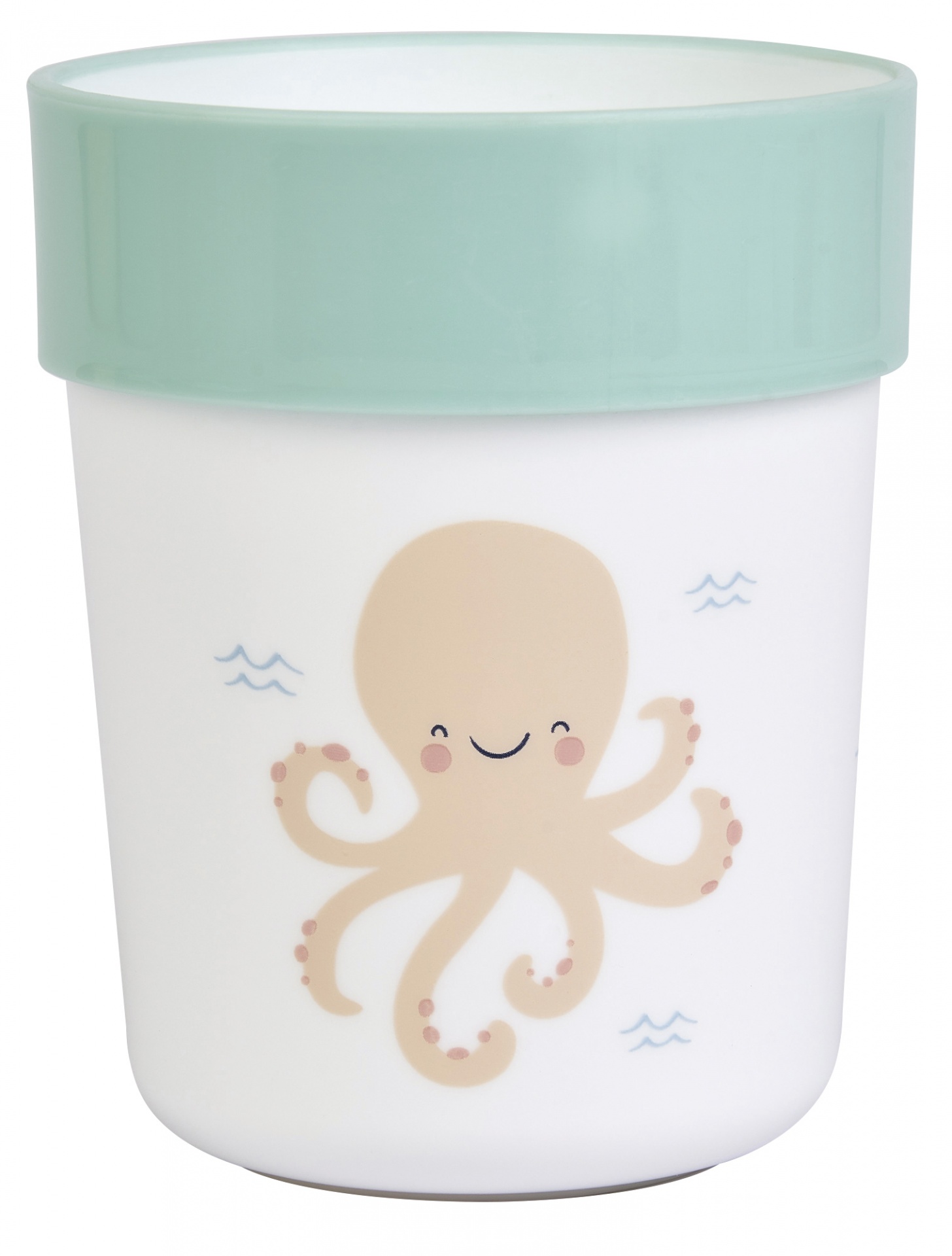 Copo plástico branco com tampa verde e desenho de polvo sorridente.