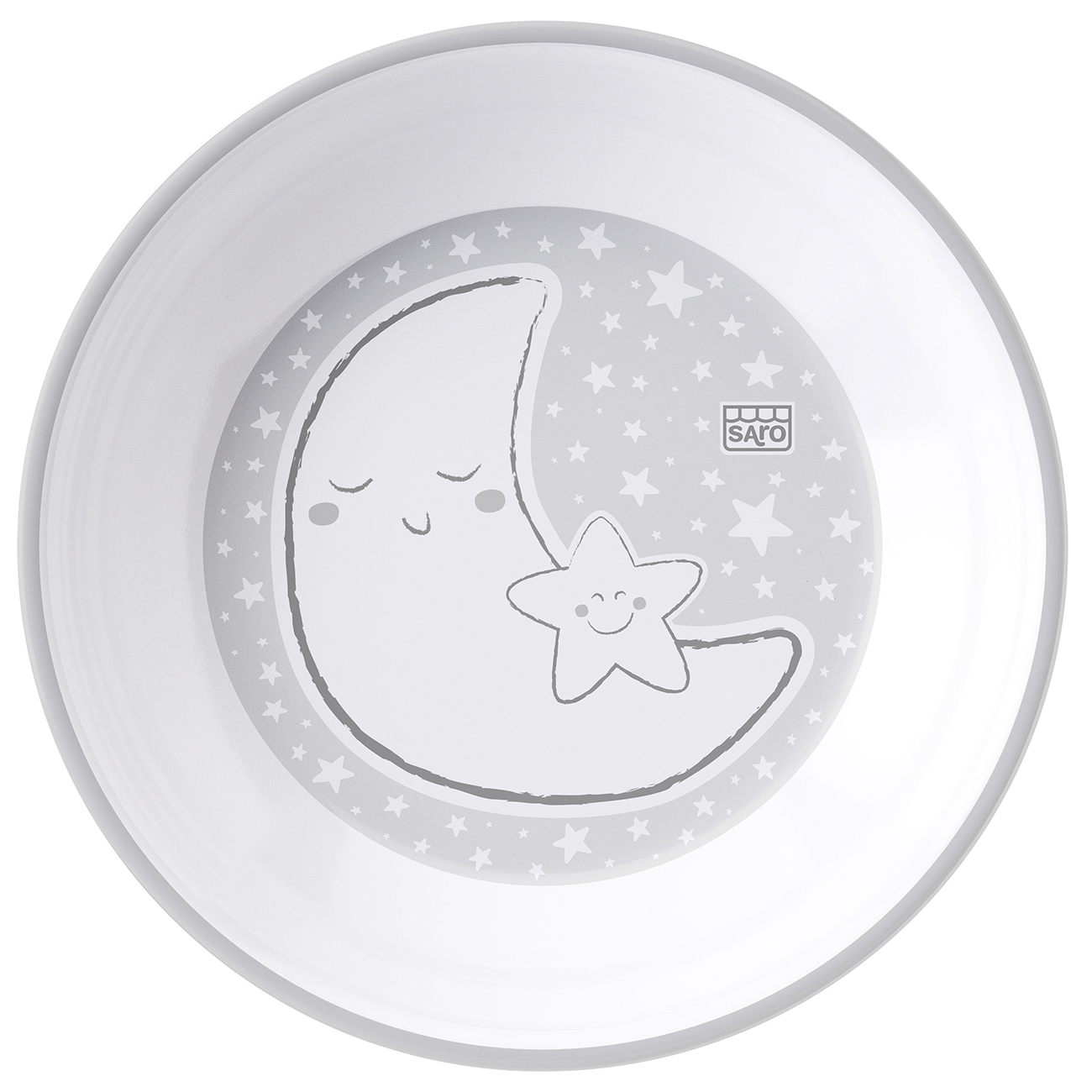 Prato infantil branco com desenho de lua e estrela cinzentos e texto SAPO
