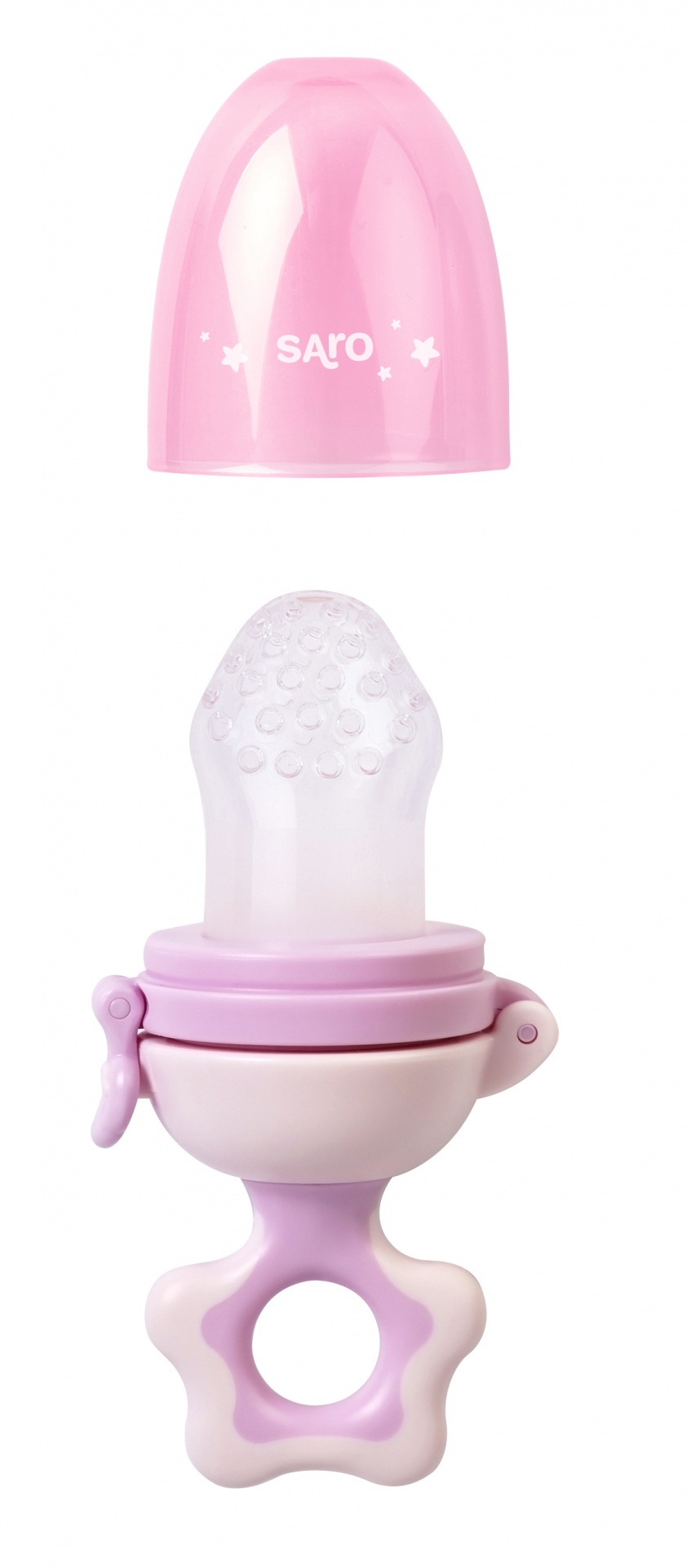 Mordedor para bebé rosa com tampa e pega em forma de flor