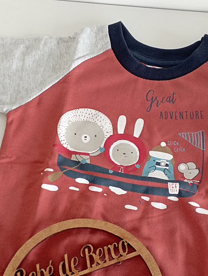 Camisola de criança coral com manga cinza e estampa de animais num barco com texto