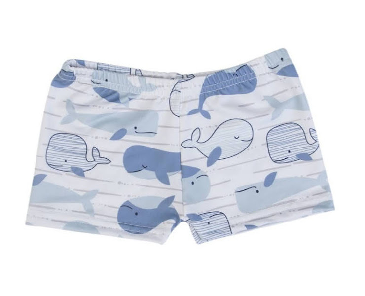 Calções de banho brancos com padrão de baleias azuis para criança
