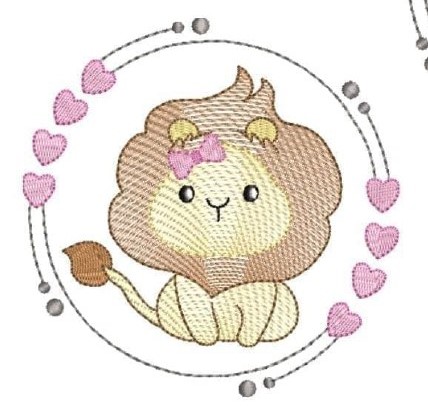 Desenho bordado de leão com laço e corações