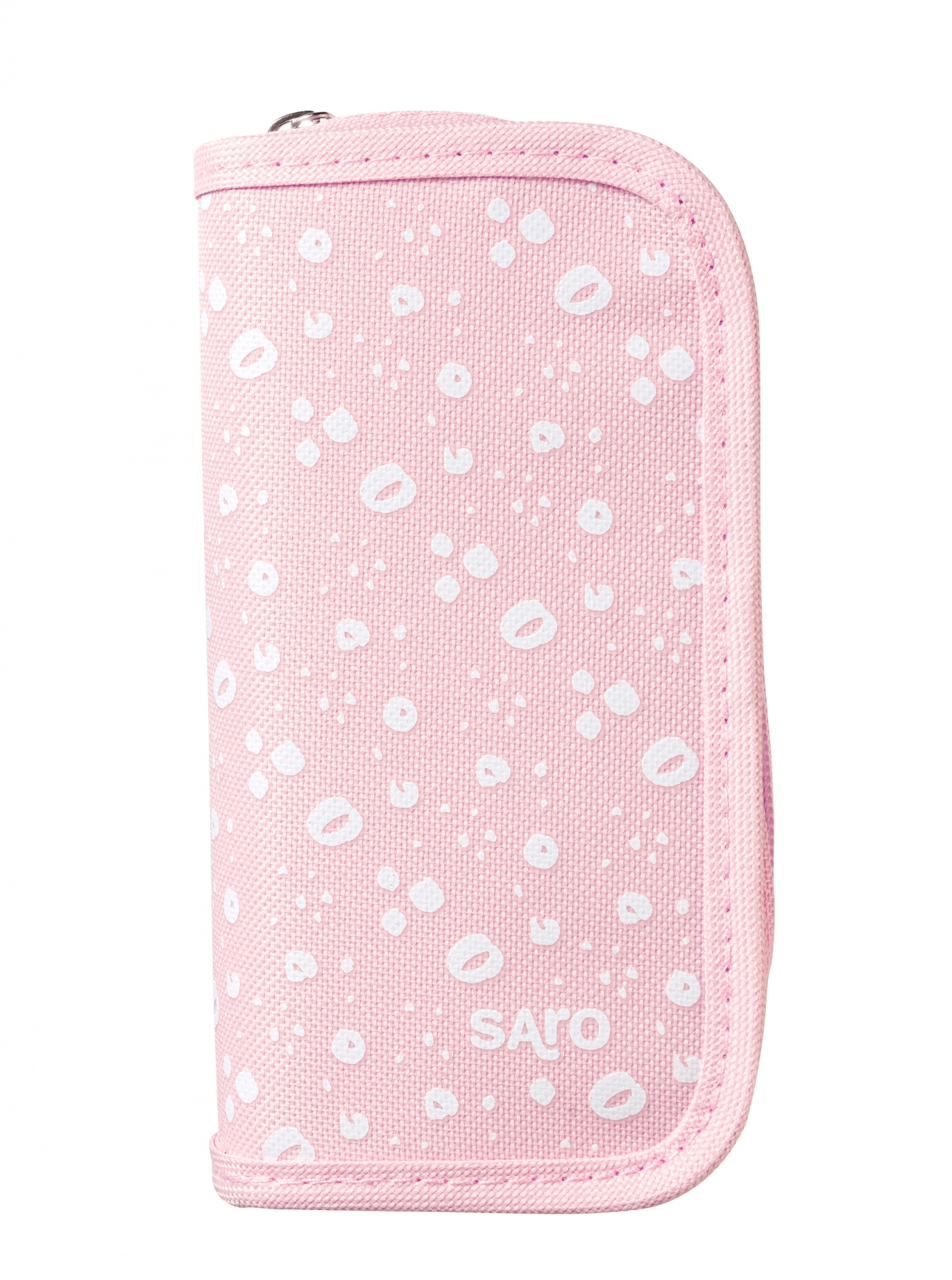 Carteira rosa com padrão de bolinhas brancas e texto SATO