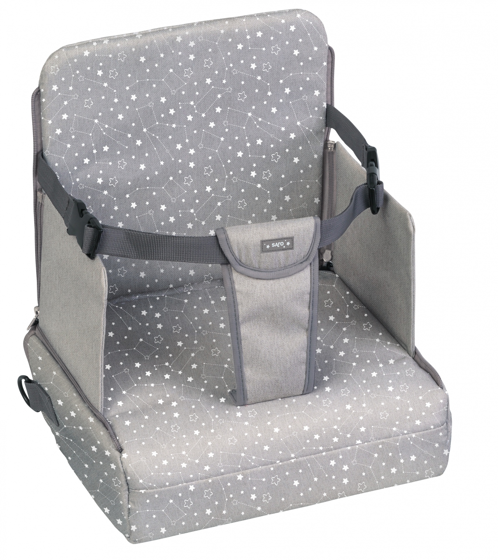 cadeira portátil cinzenta com estampado de estrelas e cinto de segurança