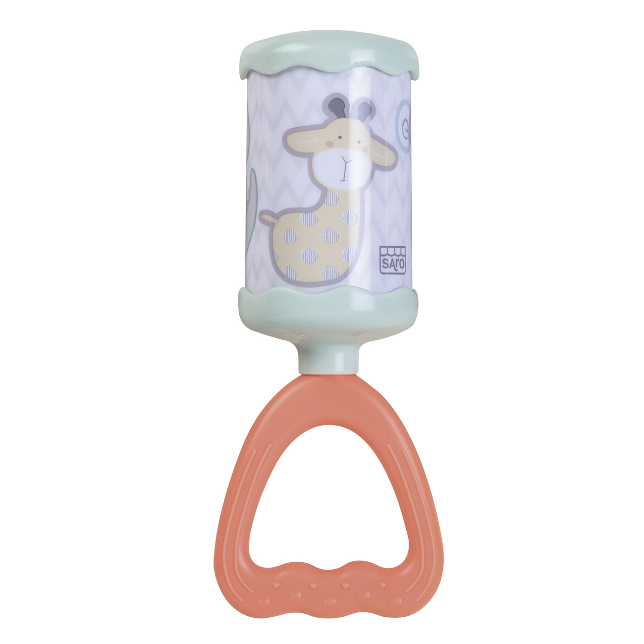 Chocalho de bebé com pega cor de salmão e ilustração de vaca