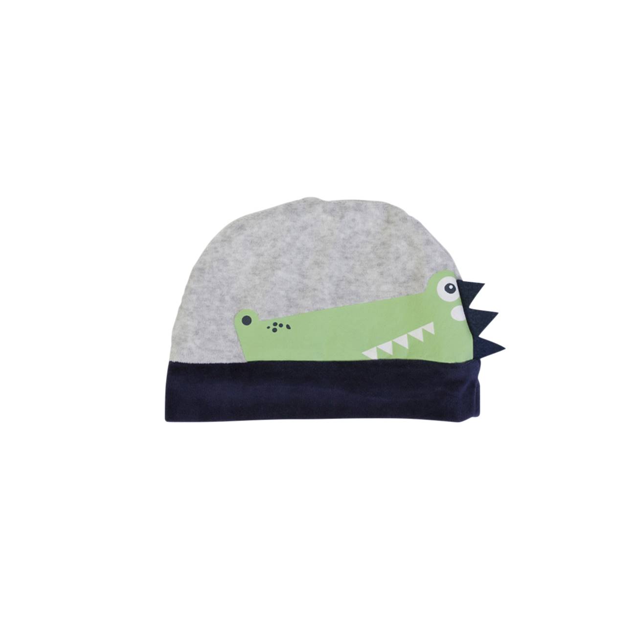 Gorro bebé cinza e azul com padrão de crocodilo verde