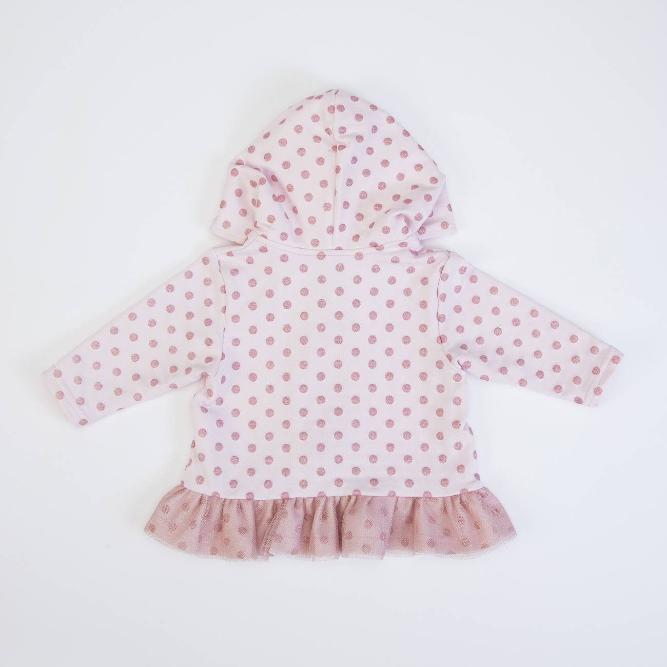 Casaco criança branco com bolinhas cor-de-rosa e folho rosa