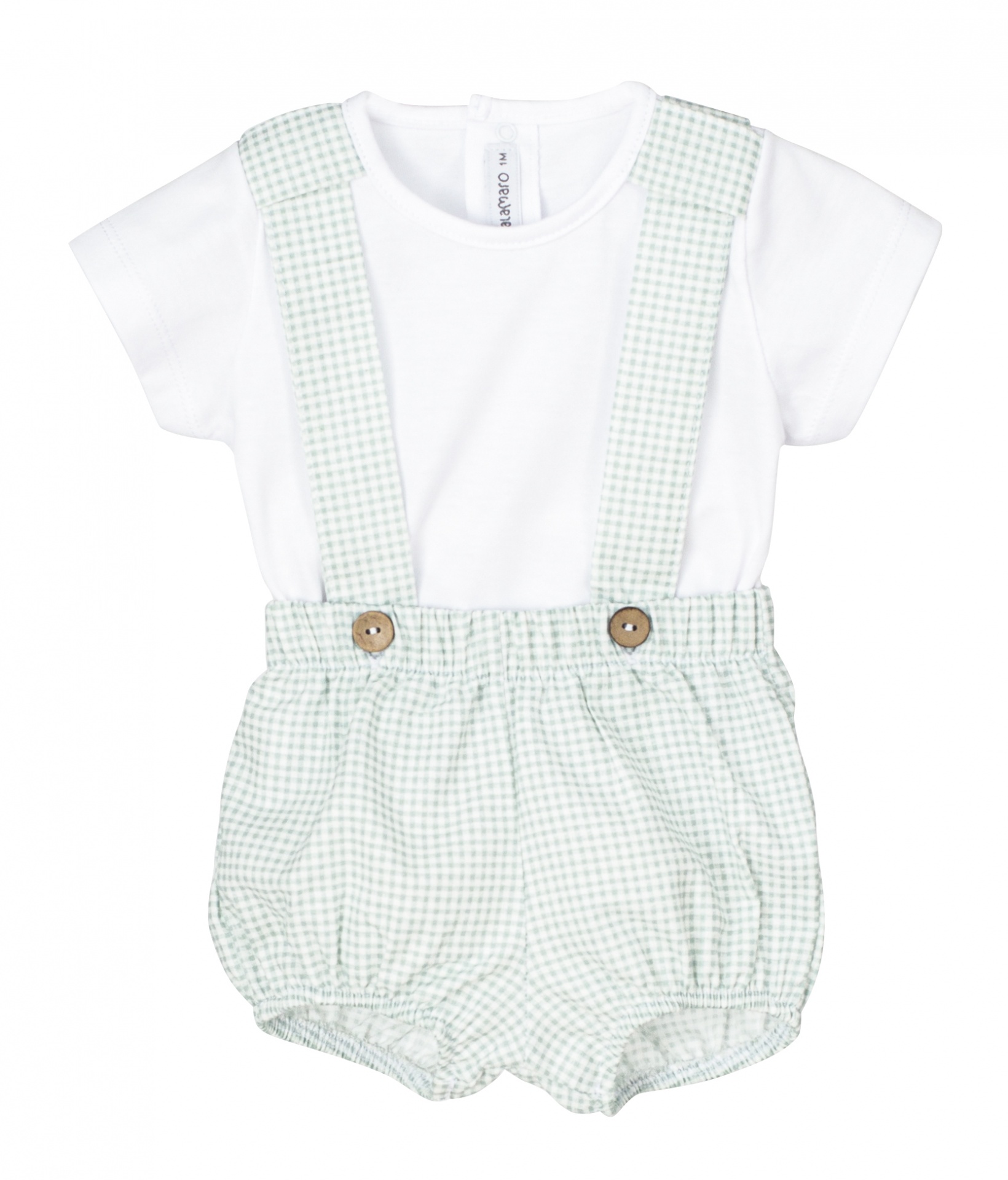 Macacão curto de criança com body branco e suspensórios padrão quadradinhos verdes