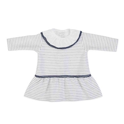 Vestido de bebé branco com riscas azuis e gola com ribete azul escuro
