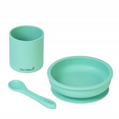 Conjunto de alimentação infantil silicone verde água com copo, prato e colher
