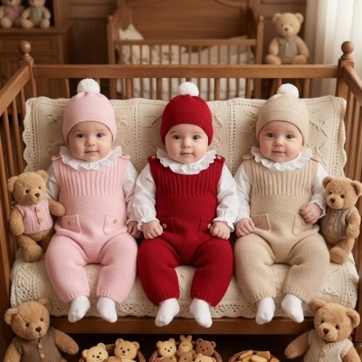 Três bebés sentados com macacões e gorros de malha em rosa, vermelho e bege, com ursos de pelúcia à volta